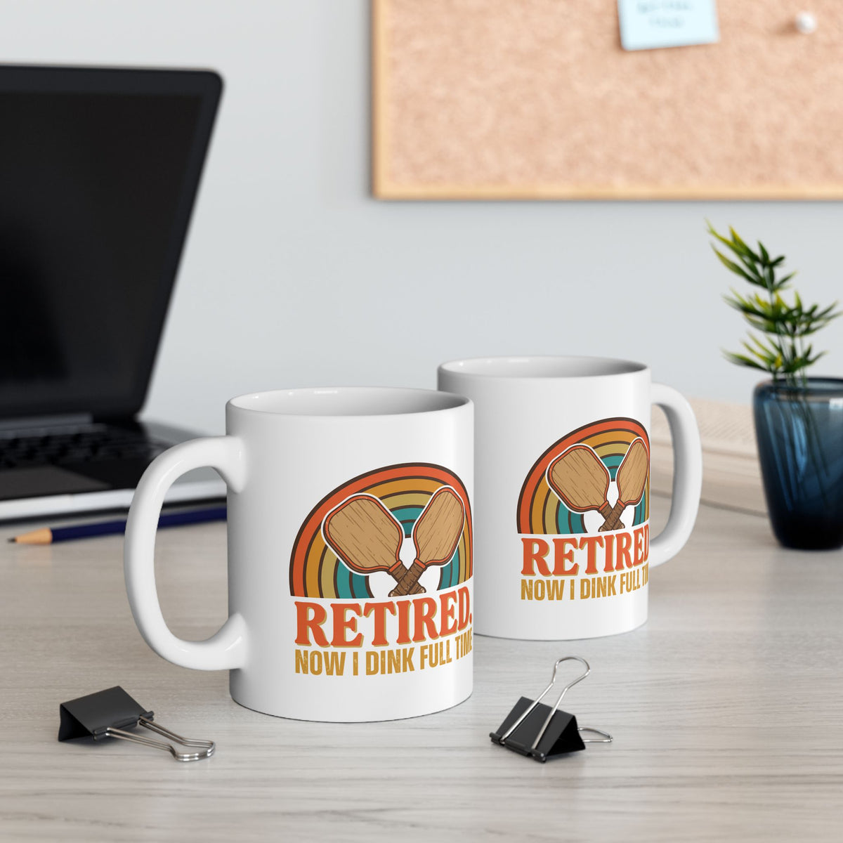 Retired Now I Dink Full Time Pickleball Mug, Retro Rainbow Coffee Mug, Funny Pickleball Retirement Gift