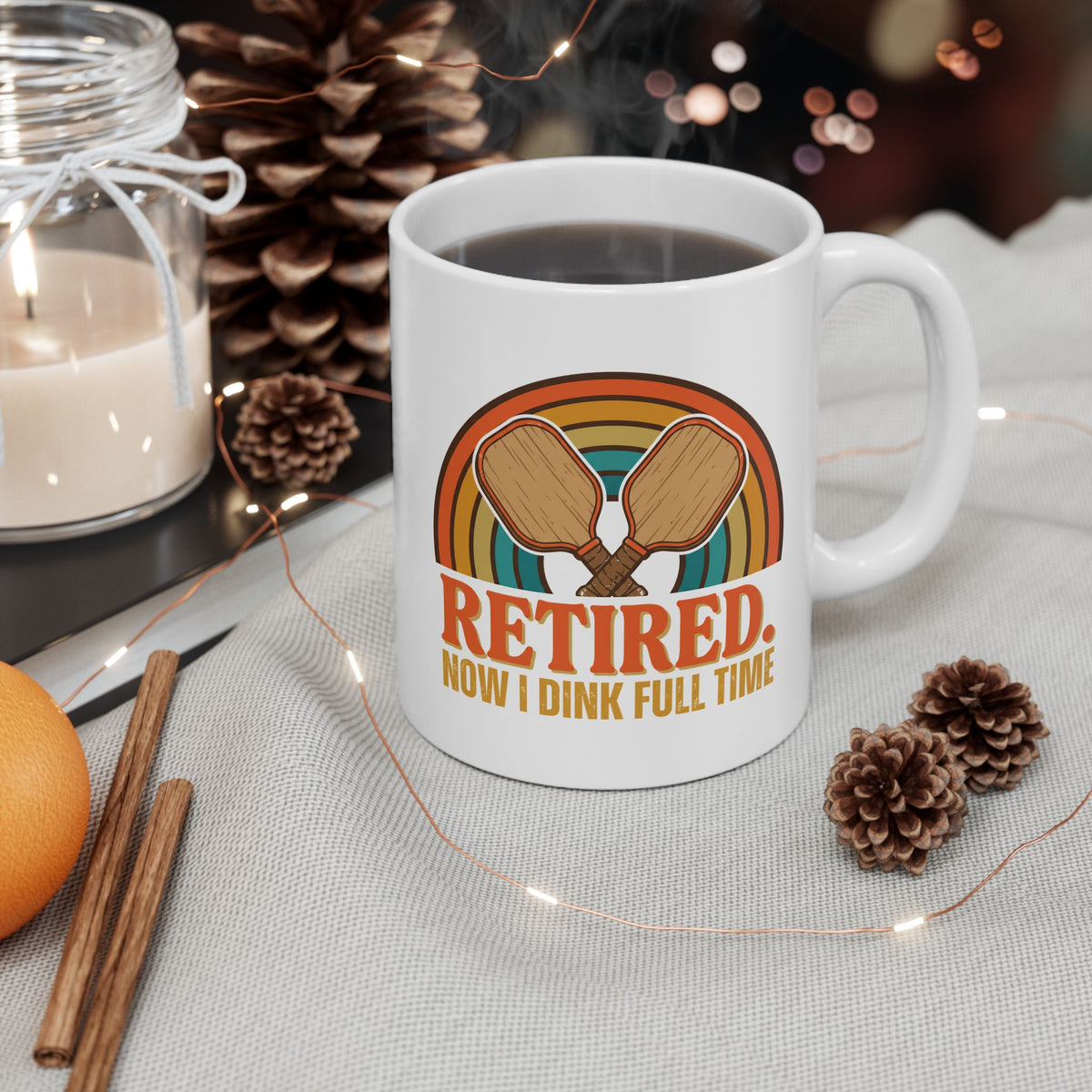 Retired Now I Dink Full Time Pickleball Mug, Retro Rainbow Coffee Mug, Funny Pickleball Retirement Gift