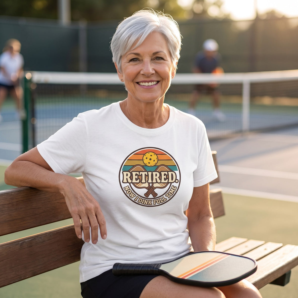 Retired Now I Dink Full Time Pickleball Shirt, Retro Sunset Badge Tee, Funny Pickleball Retirement Gift for Players