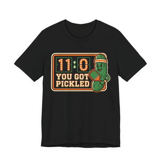 You Got Pickled 11-0 Pickleball Shirt, Funny Retro Scoreboard Tee with Pickle Mascot, Gift for Pickleball Players